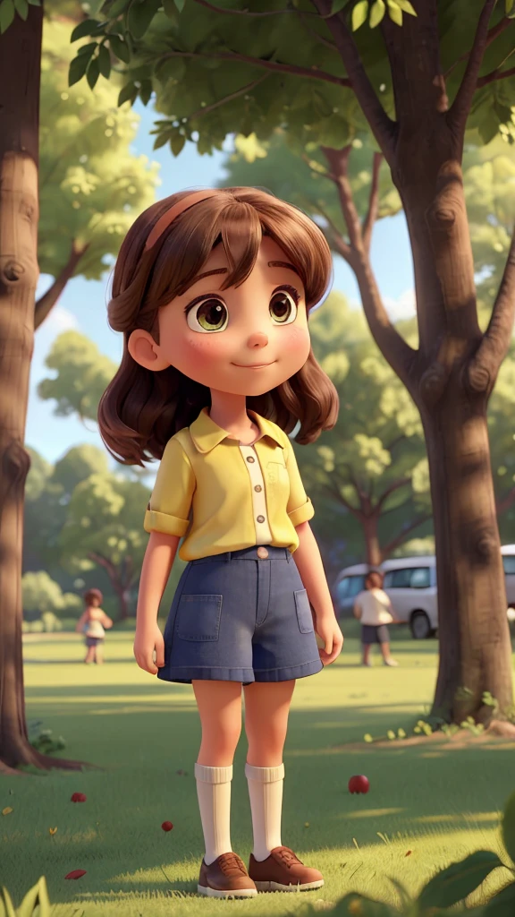 Create an image of a young girl wearing a bright yellow dress, standing in a lush, green park. She is taking a bite of a red apple while a man with a beard, dressed in a light blue shirt and dark pants, sits on the ground nearby, smiling at her. The background should include tall trees and soft sunlight filtering through the leaves, casting a warm and serene glow over the scene. The atmosphere should feel peaceful and idyllic, with an emphasis on the tender, joyful interaction between the girl and the man.
