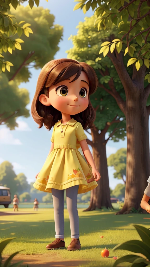 Create an image of a young girl wearing a bright yellow dress, standing in a lush, green park. She is taking a bite of a red apple while a man with a beard, dressed in a light blue shirt and dark pants, sits on the ground nearby, smiling at her. The background should include tall trees and soft sunlight filtering through the leaves, casting a warm and serene glow over the scene. The atmosphere should feel peaceful and idyllic, with an emphasis on the tender, joyful interaction between the girl and the man.