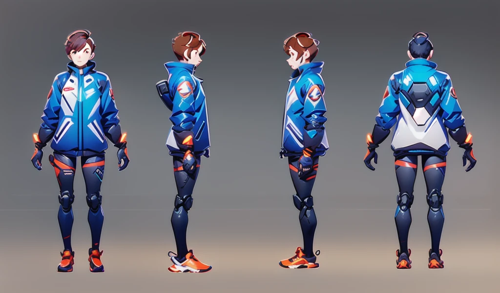 multi-angle, Front view, side view, Rear view, concept art, Sci-fi character design, 1 Boy, brown hair, yes, short hair, Science fiction, whole body, Gloves, Jacket, permanent, Tights, multiple views, 冰shoe, 运动shoe, shoe, Gray background, slope,