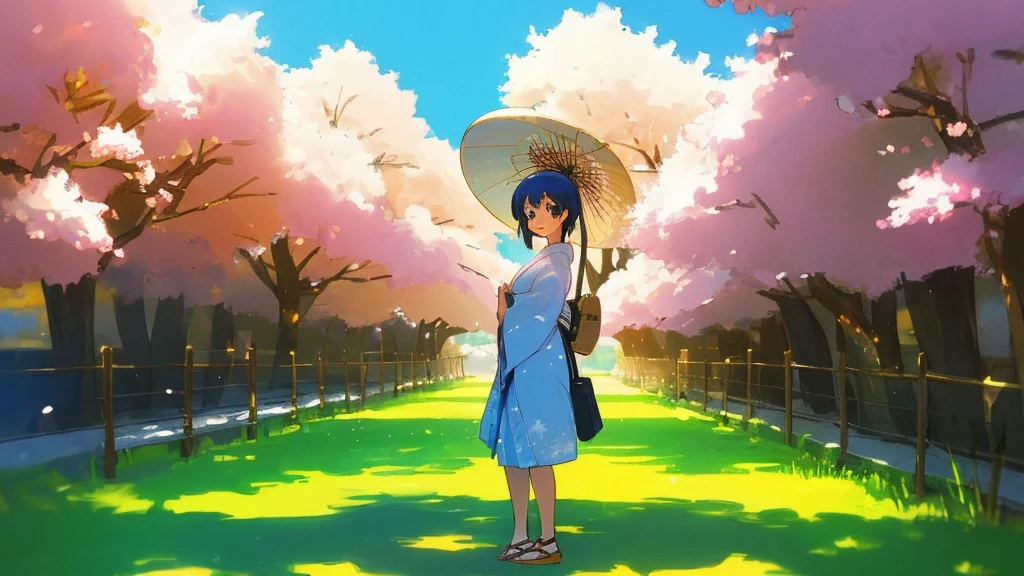 A flawless illustration, an anime-style illustration for Japanese music, a woman standing with a smile, a cherry blossom tree, a sunny sky