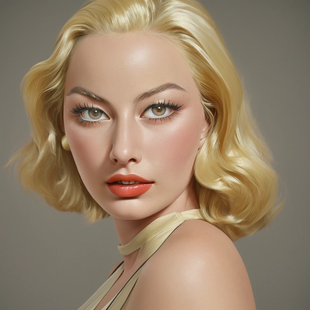 1930s American blonde woman, Looks like Margot Robbie, realistic expression, portrait