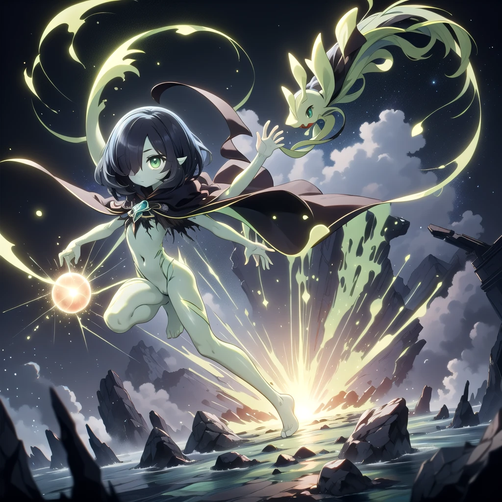 AcidMagic , fantasy , cosmic aura, best quality, (Masterpiece) , simple background , full body , dynamic pose, (cosmic black hair), (cosmic blue skin) , ((solo)), ((black cloak)), hair over one eye, multicolored skin, pokemon \(creature\), green eyes, short hair, two-tone skin, (black cosmic skin) , cloudy sky, wide shot, glowing eyes, floating object, rocks, gardevoir, ((Long hair)),