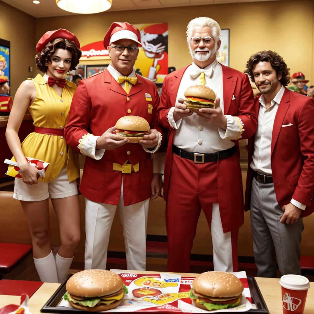 a couple of Ronal McDonald, The Burger King, and The KFC The Colonel all standing next to each other, serving happy meals, image of ronald mcdonald, mcdonalds, michelangelo painting, 🔞🤡, serving burgers, fast food review, hamburglar, messy hair, by Michelangelo, spilling ketchup, renaissance art, michelangelo style, happy meal toy