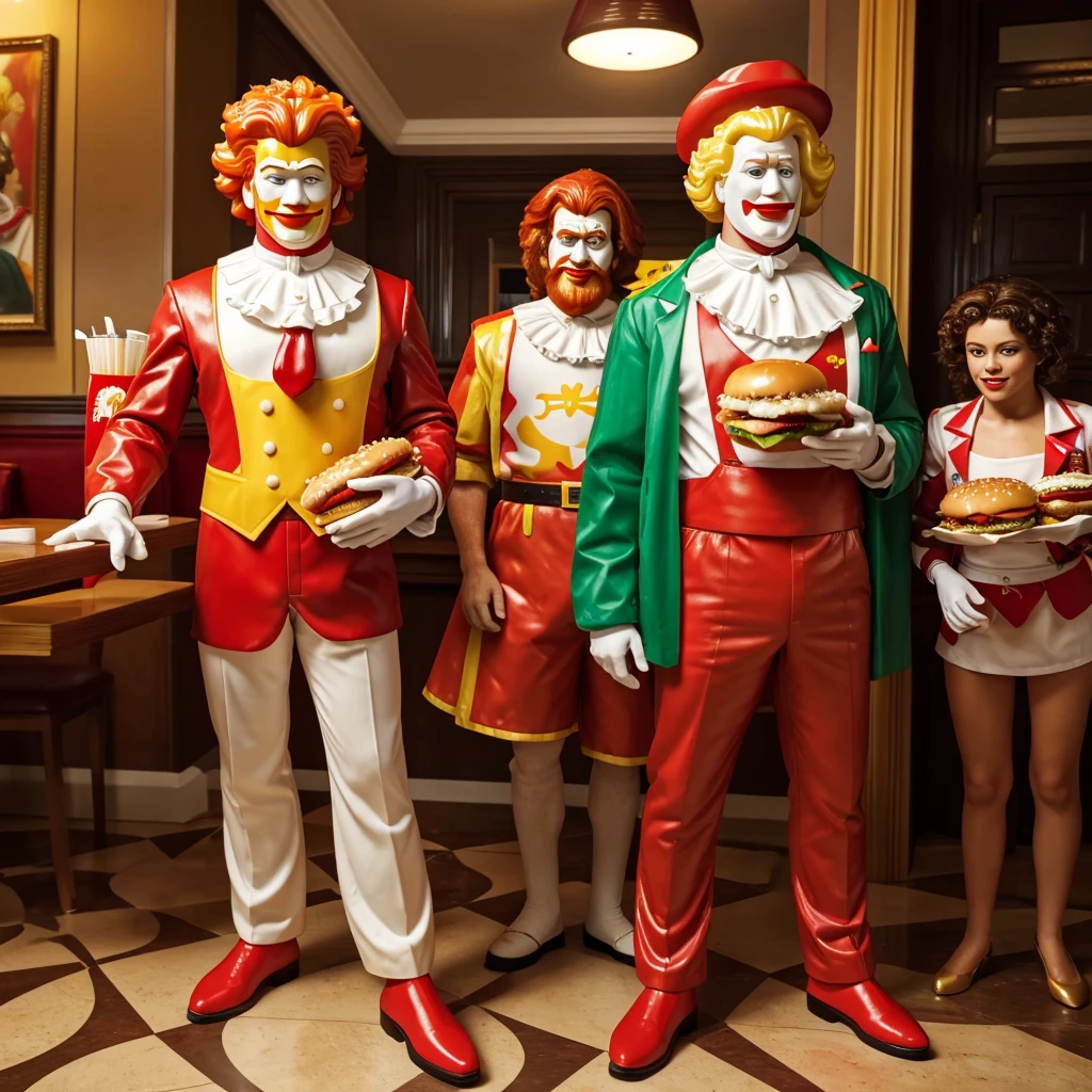 a couple of Ronal McDonald, The Burger King, and The KFC The Colonel all standing next to each other, serving happy meals, image of ronald mcdonald, mcdonalds, michelangelo painting, 🔞🤡, serving burgers, fast food review, hamburglar, messy hair, by Michelangelo, spilling ketchup, renaissance art, michelangelo style, happy meal toy