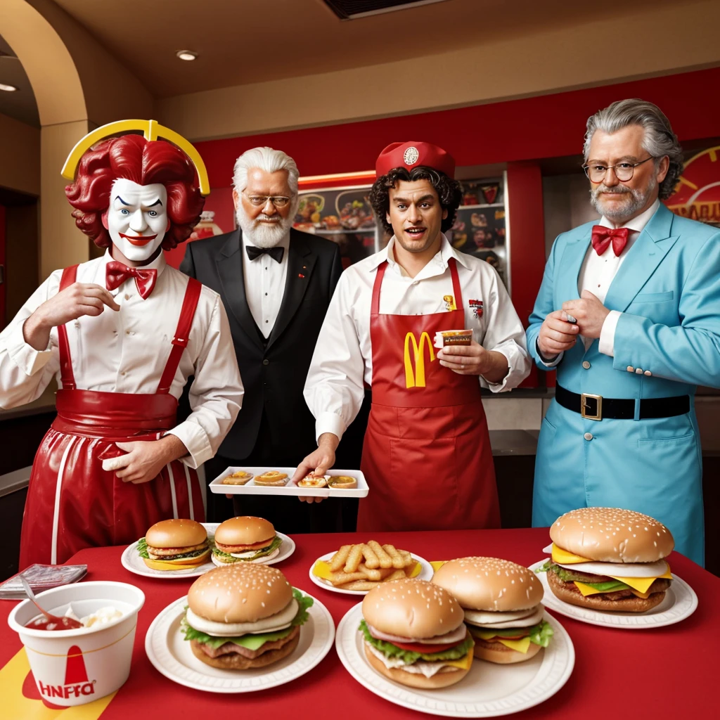 a couple of Ronal McDonald, The Burger King, and The KFC The Colonel all standing next to each other, serving happy meals, image of ronald mcdonald, mcdonalds, michelangelo painting, 🔞🤡, serving burgers, fast food review, hamburglar, messy hair, by Michelangelo, spilling ketchup, renaissance art, michelangelo style, happy meal toy