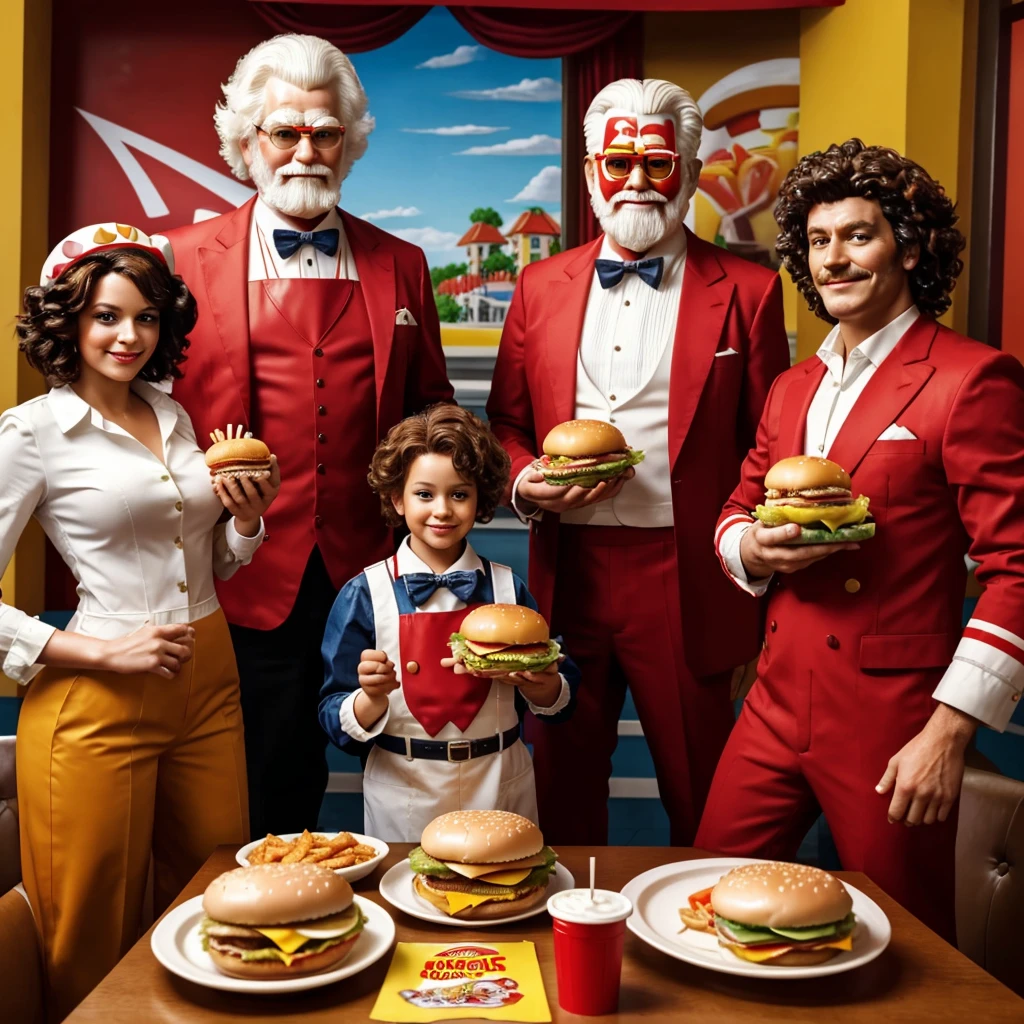 a couple of Ronal McDonald, The Burger King, and The KFC The Colonel all standing next to each other, serving happy meals, image of ronald mcdonald, mcdonalds, michelangelo painting, 🔞🤡, serving burgers, fast food review, hamburglar, messy hair, by Michelangelo, spilling ketchup, renaissance art, michelangelo style, happy meal toy
