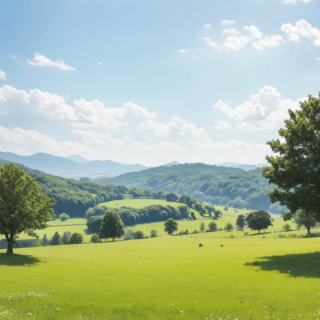 There is a photo of a green field，Field with trees and bushes, Park Background, Landscape background, Natural background, Distant village background, Field background, background technology, Landscape view, Landscape background, Natural background, Distant background, Detailed scenery , natural Landscape background, Mobile game background, Soft forest background, There are some trees in the background, airy landscape，Flat Wind，Children&#39;s illustrations