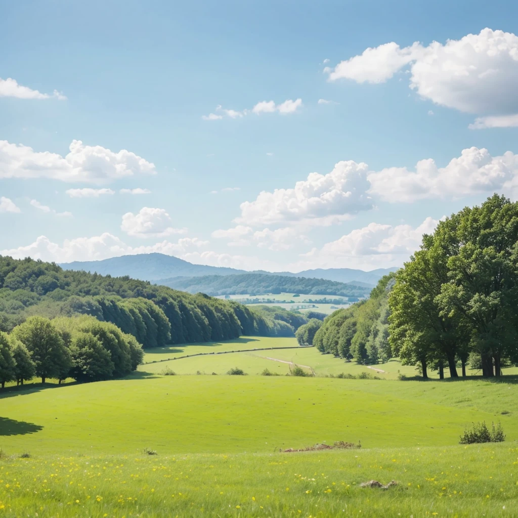 There is a photo of a green field，Field with trees and bushes, Park Background, Landscape background, Natural background, Distant village background, Field background, background technology, Landscape view, Landscape background, Natural background, Distant background, Detailed scenery , natural Landscape background, Mobile game background, Soft forest background, There are some trees in the background, airy landscape，Flat Wind，Children&#39;s illustrations