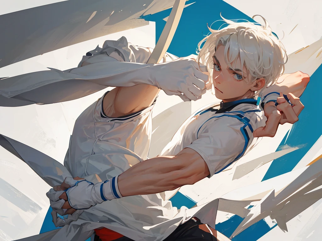 man in action pose with short white hair, has white sportswear, ((in his hands he has daggers)), close up