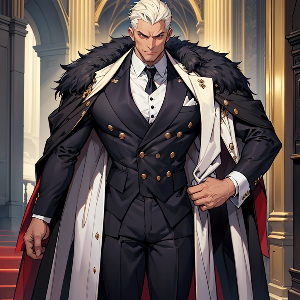 Big body, Man

1. Attire.
   - The figure is wearing a white double-breasted suit with a dark tie and a vest underneath. The suit is adorned with several buttons, and the overall appearance is very sharp and formal.
   - Over the suit, the figure has a large, dark fur-trimmed cape draped over the shoulders, adding a sense of grandeur and authority to the appearance.
   - The figure's right arm is holding a cane or a staff, indicating a possible sense of authority or power.

2. Pose.
   - The figure stands confidently with the left arm slightly bent and the hand resting on the hip, while the right arm holds the cane firmly.
   - The posture is upright and commanding, suggesting confidence and control.

3. Face and Head.
   - The head and face of the figure are not visible; they are shrouded in darkness or simply not drawn, which adds an element of mystery to the character.

4. Details.
   - The fur trim on the cape is detailed and appears luxurious, indicating high status or wealth.
   - The suit is well-fitted and meticulously designed, reinforcing the impression of a powerful and wealthy individual.

5. Body.
   - Big body, a mobster Man

6. Place
   - In the kingdom of darkness 