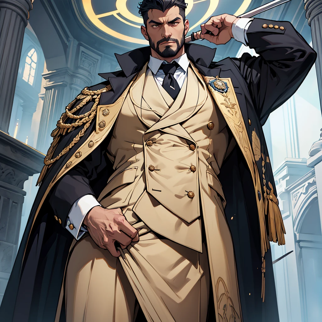 Big body, Man

1. Attire.
   - The figure is wearing a white double-breasted suit with a dark tie and a vest underneath. The suit is adorned with several buttons, and the overall appearance is very sharp and formal.
   - Over the suit, the figure has a large, dark fur-trimmed cape draped over the shoulders, adding a sense of grandeur and authority to the appearance.
   - The figure's right arm is holding a cane or a staff, indicating a possible sense of authority or power.

2. Pose.
   - The figure stands confidently with the left arm slightly bent and the hand resting on the hip, while the right arm holds the cane firmly.
   - The posture is upright and commanding, suggesting confidence and control.

3. Face and Head.
   - The head and face of the figure are not visible; they are shrouded in darkness or simply not drawn, which adds an element of mystery to the character.

4. Details.
   - The fur trim on the cape is detailed and appears luxurious, indicating high status or wealth.
   - The suit is well-fitted and meticulously designed, reinforcing the impression of a powerful and wealthy individual.

5. Body.
   - Big body, a mobster Man

6. Place
   - In the kingdom of darkness 