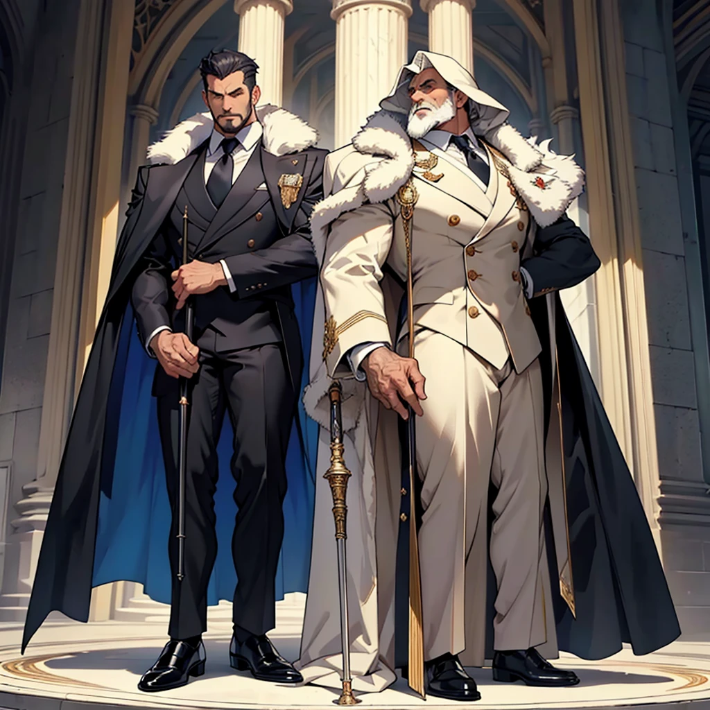 Big body, Man
1. Attire.
- The figure is wearing a white double-breasted suit with a dark tie and a vest underneath. The suit is adorned with several buttons, and the overall appearance is very sharp and formal.
- Over the suit, the figure has a large, dark fur-trimmed cape draped over the shoulders, adding a sense of grandeur and authority to the appearance.
- The figure's right arm is holding a cane or a staff, indicating a possible sense of authority or power.
2. Pose.
- The figure stands confidently with the left arm slightly bent and the hand resting on the hip, while the right arm holds the cane firmly.
- The posture is upright and commanding, suggesting confidence and control.
3. Face and Head.
- The head and face of the figure are not visible; they are shrouded in darkness or simply not drawn, which adds an element of mystery to the character.
4. Details.
- The fur trim on the cape is detailed and appears luxurious, indicating high status or wealth.
- The suit is well-fitted and meticulously designed, reinforcing the impression of a powerful and wealthy individual.
5. Body.
- Big body, a mobster Man
6. Place
- In the kingdom of darkness
