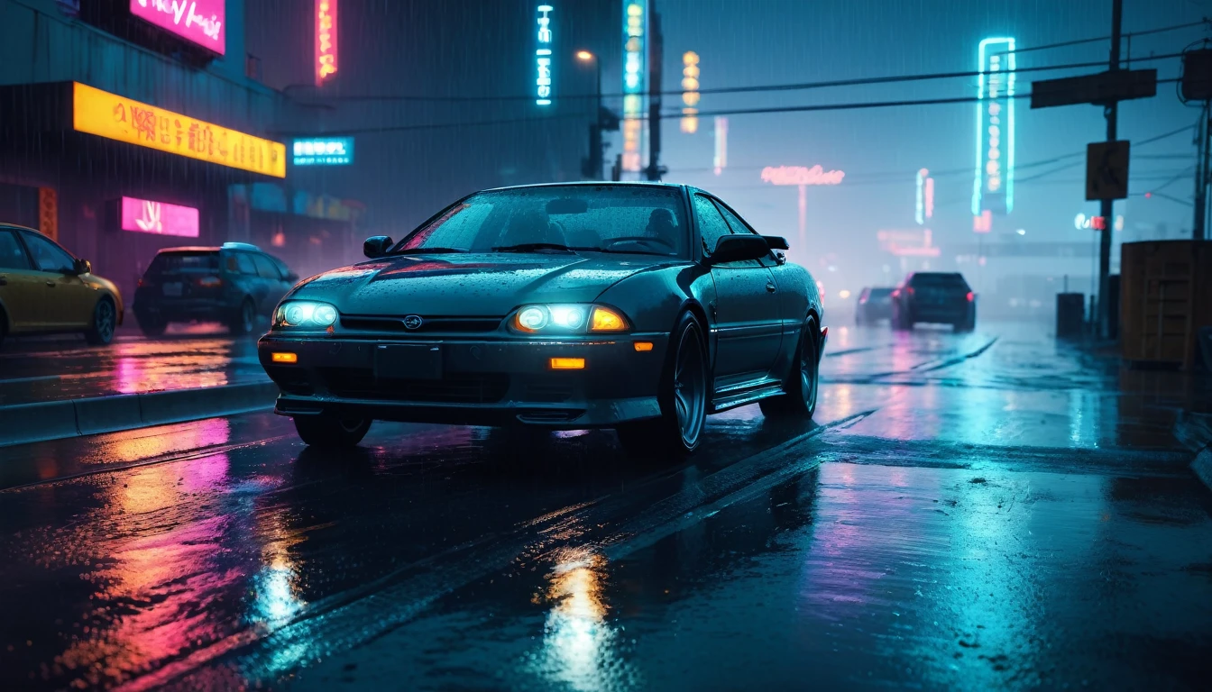 a night in the rain on a highway, view from the driver's seat, car taillights, car back view, cinematic, moody lighting, dramatic atmosphere, neon lights, dystopian, neon city, cyberpunk, realistic, photorealistic, 8k, hyper detailed, masterpiece, studio lighting, cinematic composition, dramatic color palette, cinematic depth of field, volumetric fog, rainy windshield, glowing headlights, long exposure, beautiful detailed eyes, beautiful detailed lips, extremely detailed eyes and face, long eyelashes