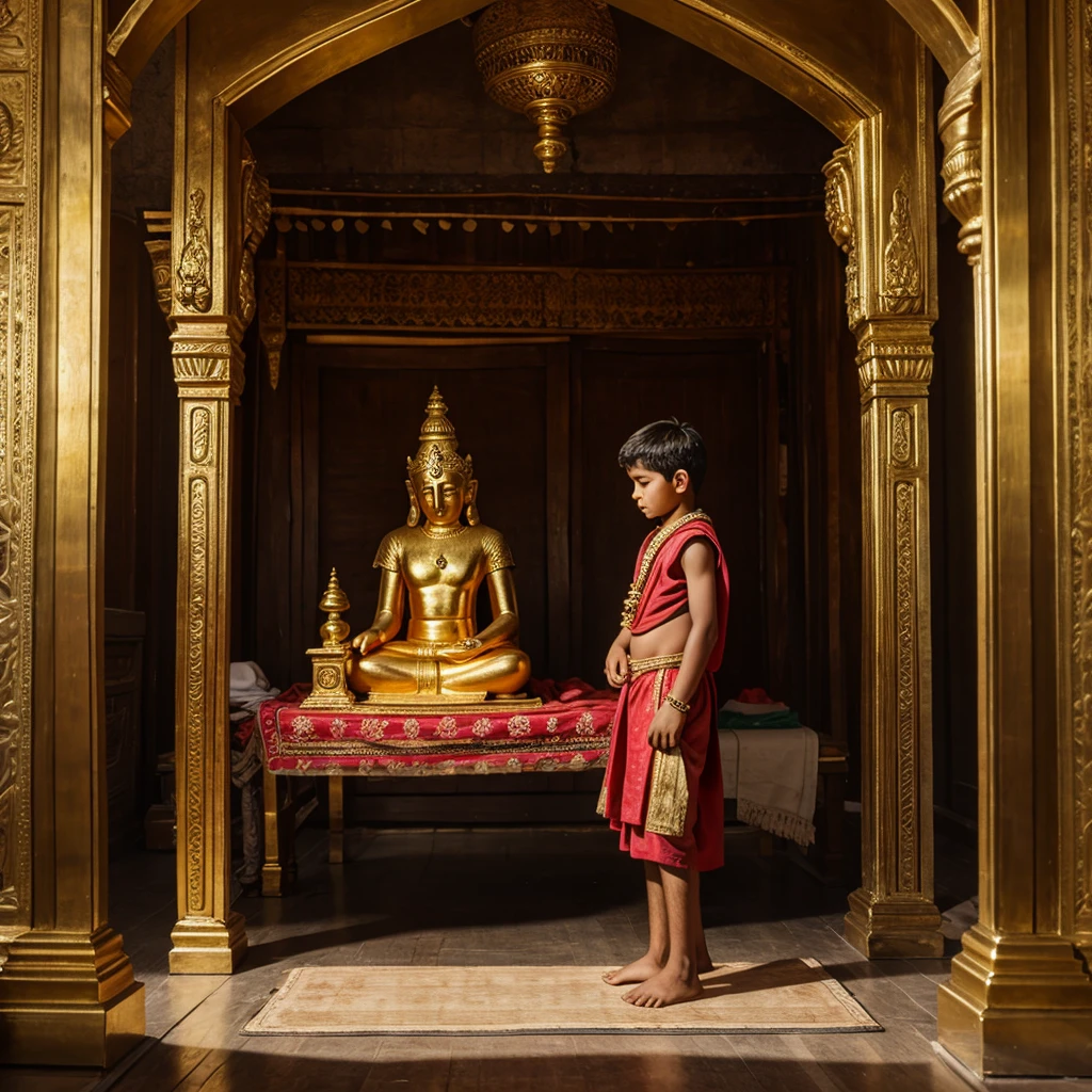 A poor boy making a temple of Kedarnath with gold
