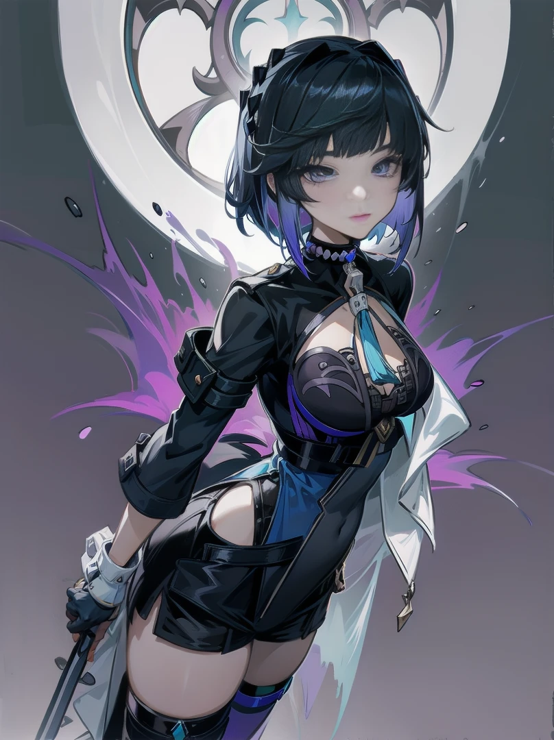 (masterpiece, best quality, aesthetic)1.2, 1girl, Arknights, Yelan, symmetrical face, thigh highs, highly detailed face, two-tone purple and black hair, purple eyes, knee boots, female focus, (black turtleneck, tight, black choker, gothic)1.4, arms behind back, black shorts, standing, black lips, large breasts, medium hair