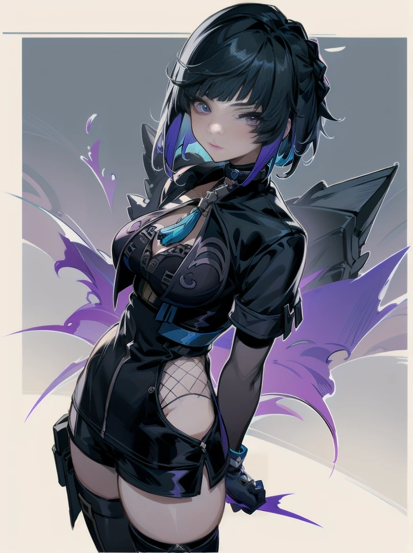 (masterpiece, best quality, aesthetic)1.2, 1girl, Arknights, Yelan, symmetrical face, thigh highs, highly detailed face, two-tone purple and black hair, purple eyes, knee boots, female focus, (black turtleneck, tight, black choker, gothic)1.4, arms behind back, black shorts, standing, black lips, large breasts, medium hair