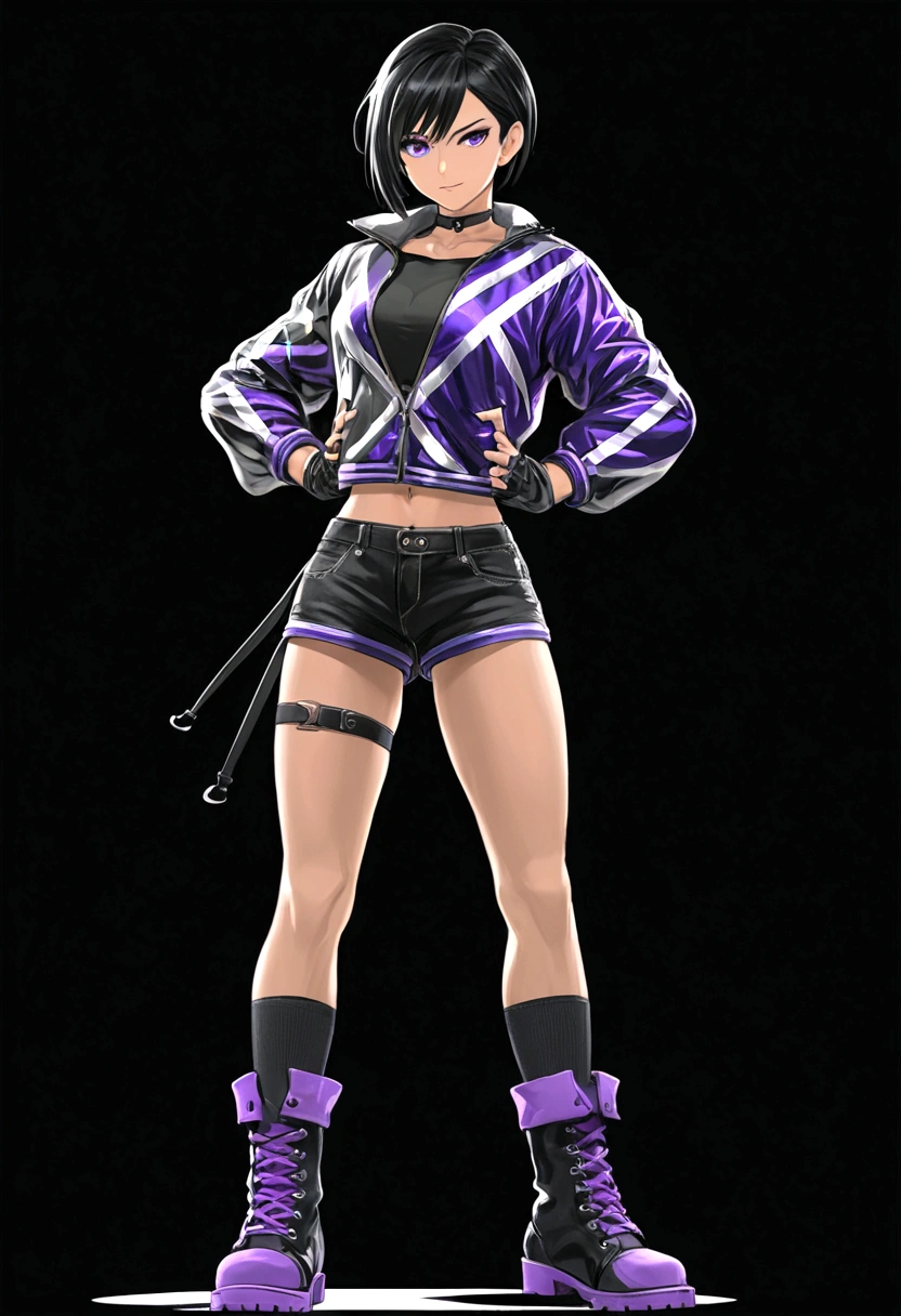Tomboy girls, Sexy, Smart, Strong, muscular body, Tall Body, Short black hair, purple pupil eyes, black plain chokers, wear jacket, black Crop top, short black jeans, thick long black stocking, High black boots, fingerless black gloves, smile intimidate face, black background, Tekken Art Style, Anime art style. Crossing arms, standing.