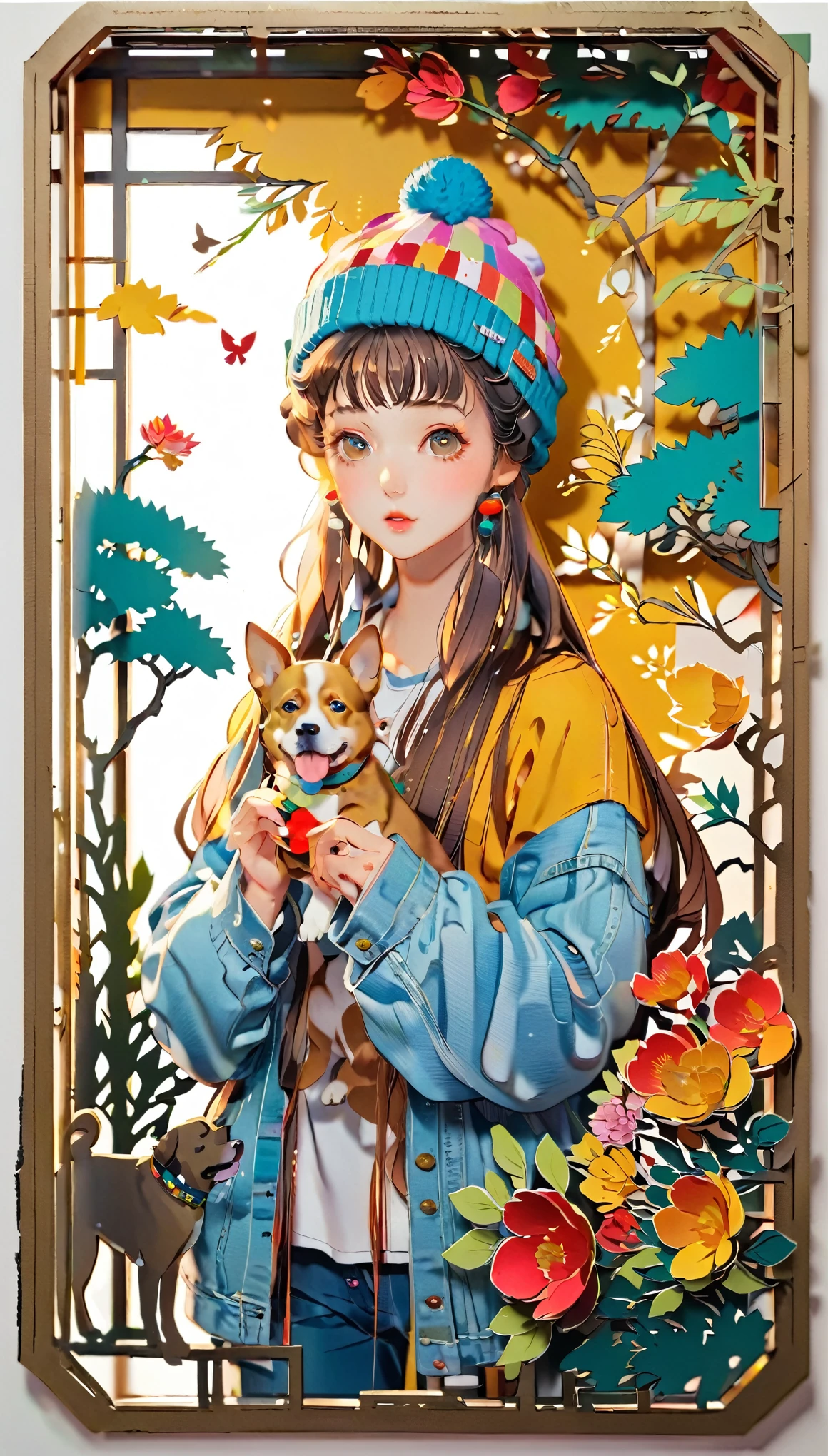 (((paper cutting style))), (frame of illustration is 3D paper cutting: 1.2), (colorful), 1 girl, brown long hair, curry long hair, knit cap, denim, shirts, 1 dog with girl