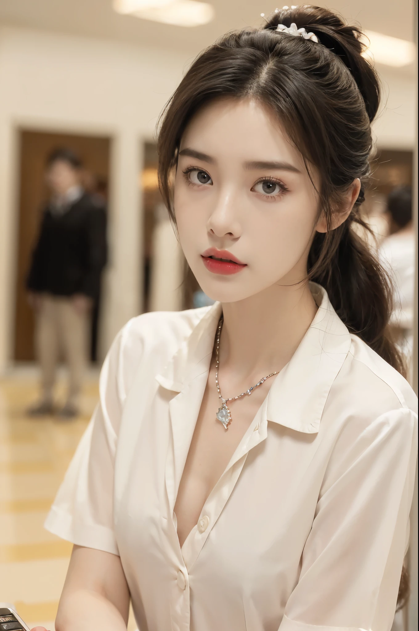 ((((8k))),((Extremely meticulous CG)) ,(wallpaper),16k,((Extremely refined and beautiful)),(((Masterpiece))),(((best qualtiy))),(((Ultra High Resolution))),beautiful light up,Perfect lightning,realistic shaded,(Smooth and flawless skin:1.5),(Extremely exquisite facial details:1.2),(perfect body:1.2),(ultra-detailed),((A beautiful girl,solo)),(small head:1.2),(pale skin:1.3),(short ponytail:1.3),(small face:1.2),(baby face:1.3),(glasses:1.2),(Exquisite makeup:1.2),(red lips:1.2),(parted lips:1.2),(small breasts:1.3),(flat chest:1.2),(cleavage:1.3),((slim,thin)),(disgusted expression:1.5),(short sleeves:1.2),(crystal necklace:1.2),(collared white uniform shirt:1.5),(indoor:1.3),(summer:1.3),(detailed background:1.5),(standing:1.3),(close-up of face:1.3),(from front:1.3),(day scene:1.5),(In a luxurious Hall:1.5),(bright and vivid colors:1.3),(surrounded by crowded crowds:1.3),Exchange, stock, trading floor, bustling, vibrant, large open space, polished floor, high ceilings, monitors, real-time market data, phones ringing, traders talking, efficient operation, trading desks, brokers booths, senior staff offices, equipped computers, telephones, raised platform, pit, brokers, dealers, activity, hushed tones, personnel, roles, responsibilities, traders, suits, monitoring screens, market movements, brokers, negotiation, clients, dealers, execution, efficiently effectively, organized space, buying selling stocks
