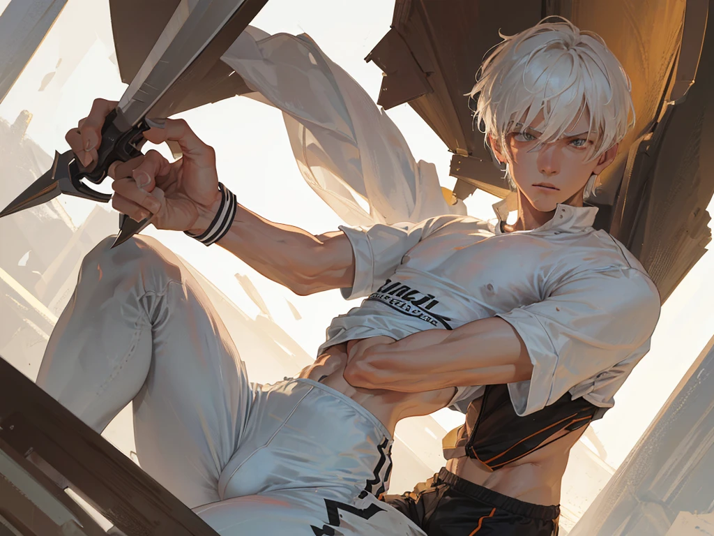 man in action pose with short white hair, has white sportswear, ((in his hands he has daggers)), close up