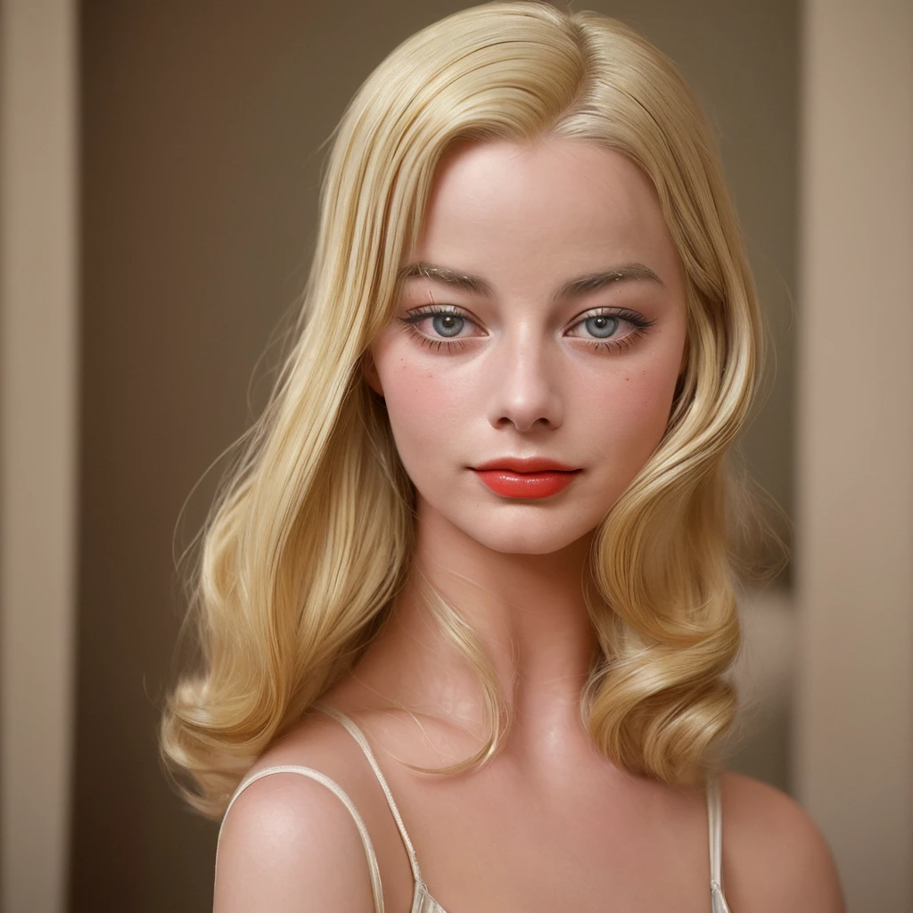 1930s American blonde woman, Looks like Margot Robbie, realistic expression, portrait