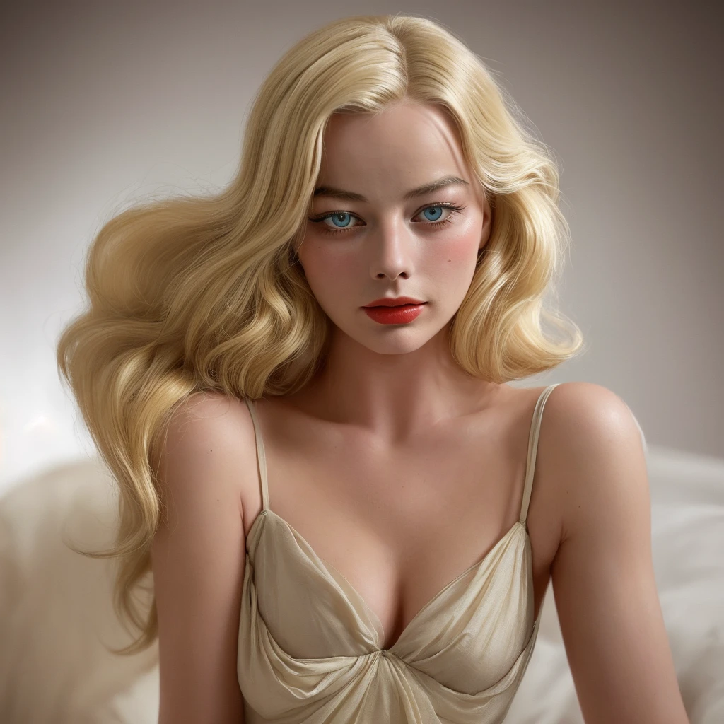 1930s American blonde woman, Looks like Margot Robbie, realistic expression, portrait