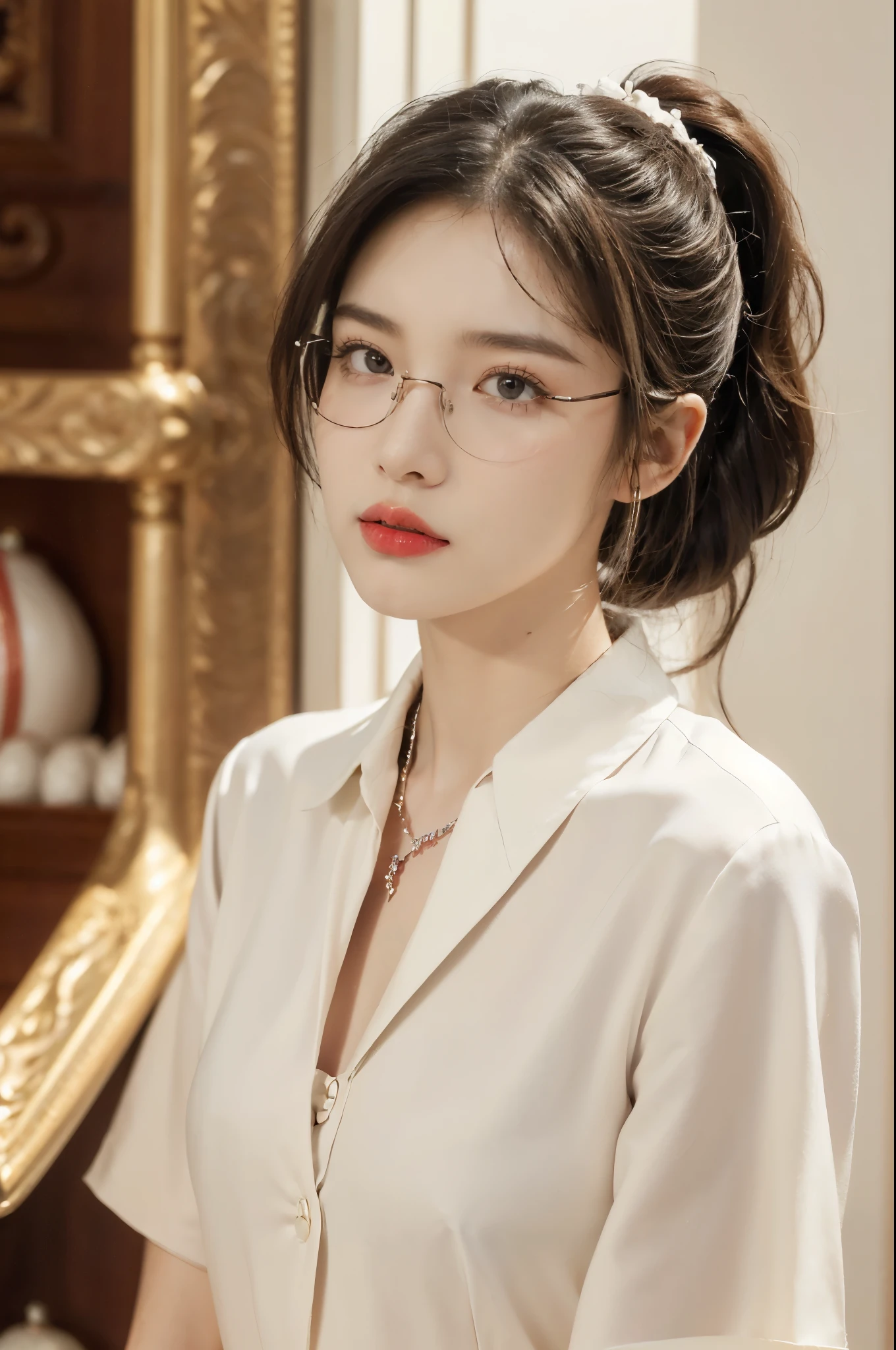 ((((8k))),((Extremely meticulous CG)) ,(wallpaper),16k,((Extremely refined and beautiful)),(((Masterpiece))),(((best qualtiy))),(((Ultra High Resolution))),beautiful light up,Perfect lightning,realistic shaded,(Smooth and flawless skin:1.5),(Extremely exquisite facial details:1.2),(perfect body:1.2),(ultra-detailed),((A beautiful girl,solo)),(small head:1.2),(pale skin:1.3),(short ponytail:1.3),(small face:1.2),(baby face:1.3),(glasses:1.2),(Exquisite makeup:1.2),(red lips:1.2),(parted lips:1.2),(small breasts:1.3),(flat chest:1.2),(cleavage:1.3),((slim,thin)),(disgusted expression:1.5),(short sleeves:1.2),(crystal necklace:1.2),(collared white uniform shirt:1.5),(indoor:1.3),(summer:1.3),(detailed background:1.5),(standing:1.3),(close-up of face:1.3),(from front:1.3),(day scene:1.5),(In a luxurious Hall:1.5),(bright and vivid colors:1.3),(surrounded by crowded crowds:1.3),Exchange, stock, trading floor, bustling, vibrant, large open space, polished floor, high ceilings, monitors, real-time market data, phones ringing, traders talking, efficient operation, trading desks, brokers booths, senior staff offices, equipped computers, telephones, raised platform, pit, brokers, dealers, activity, hushed tones, personnel, roles, responsibilities, traders, suits, monitoring screens, market movements, brokers, negotiation, clients, dealers, execution, efficiently effectively, organized space, buying selling stocks