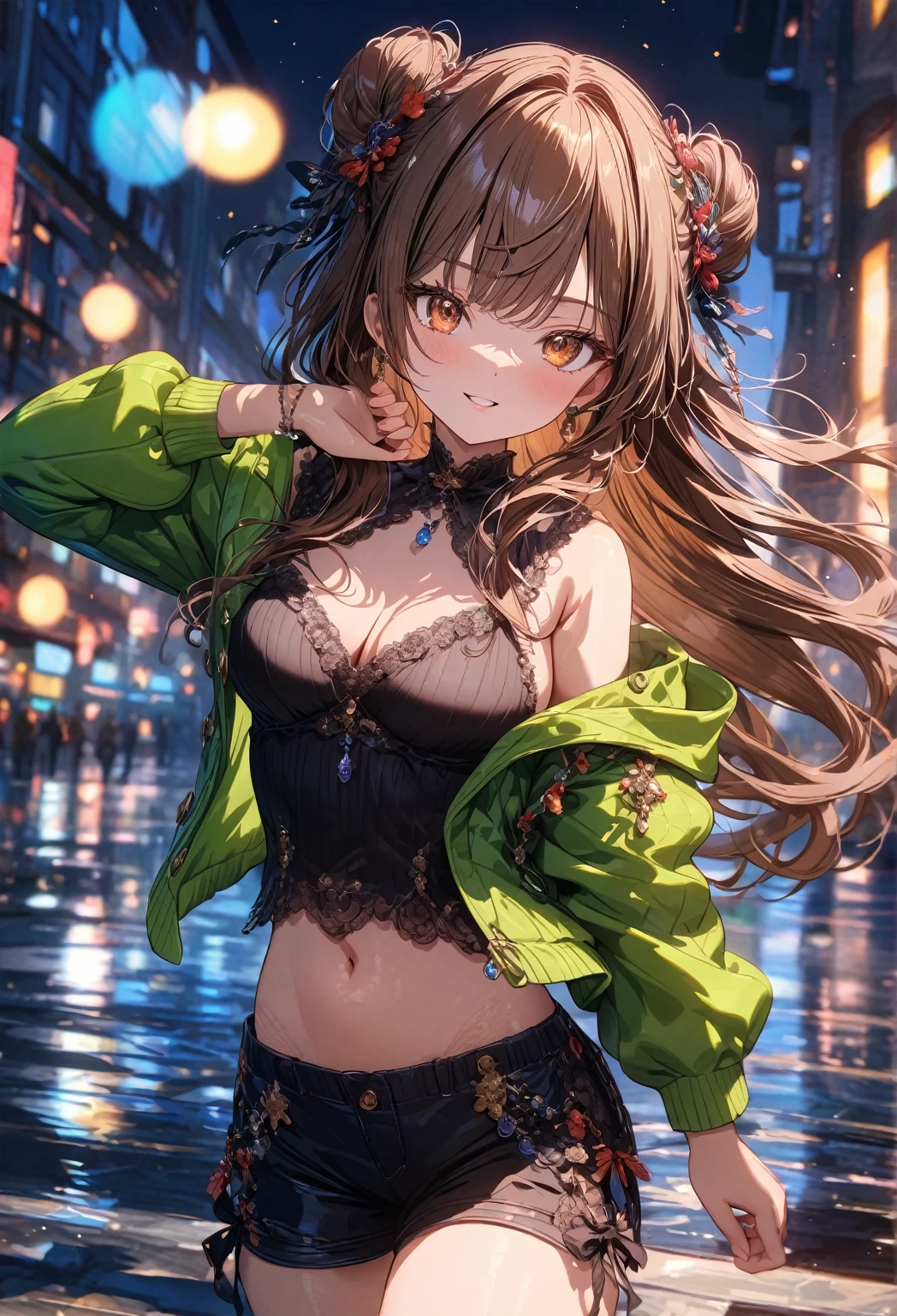 ((masterpiece:0), best quality, very aesthetic, newest, absurdres, detailed, high quality)
BREAK
highest quality, highres, ultra fine painting, digital art, official art, cinematic, 4k, 8k resolution, 8K CG wallpaper, CG, original artwork, (top quality, details:1.37), detailed background, High Dynamic Range, blurry background, golden hour, blue hour, Starburst effects, crepuscular rays, good ISO, high resolution, wide shot, from far away, epic lighting, RAW photo, POV, sharp focus, lens flare, light reflection, reflections, light source, intricate details, hard light, particle noise, professional photography, bokeh, depth of field, good lighting, hard colors, looking away, detailed lights and shadows, stylish, ultra-detailed, Pixiv, trending art, niji style, modern-days, master crafted, pose
BREAK
solo, 1girl, a girl, correct fingers, detailed eyes, (medium big breasts:1.2), big thighs, short torso, short body, flushtered smile, warm happy expression, casual, (cute, slim), childish face, nice hips, nice body, brown hair, (long flowing hair:1.1), big twin buns hairstyle, long bangs, long hair, middle hair bangs, brown eyes, dynamic pose, full body
BREAK
(black tank top, off shoulder open green hoodie, tummy skin:1.1, open unbuttoned shorts, outfit ornaments)
BREAK