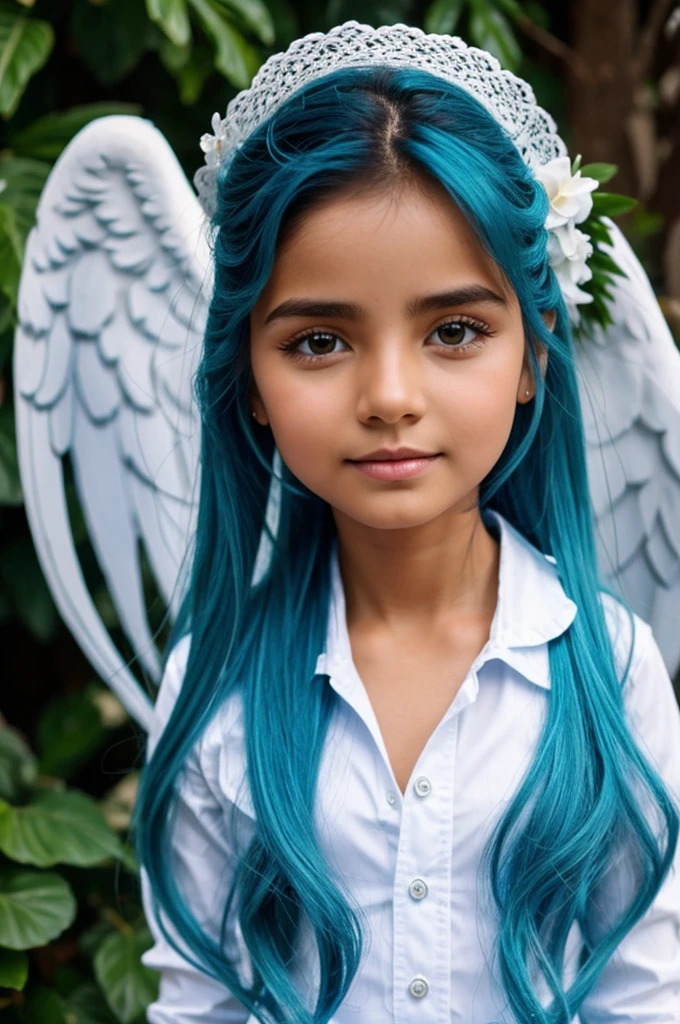 Genera a un chico de pelo blanco, tunica azul y alas de angel