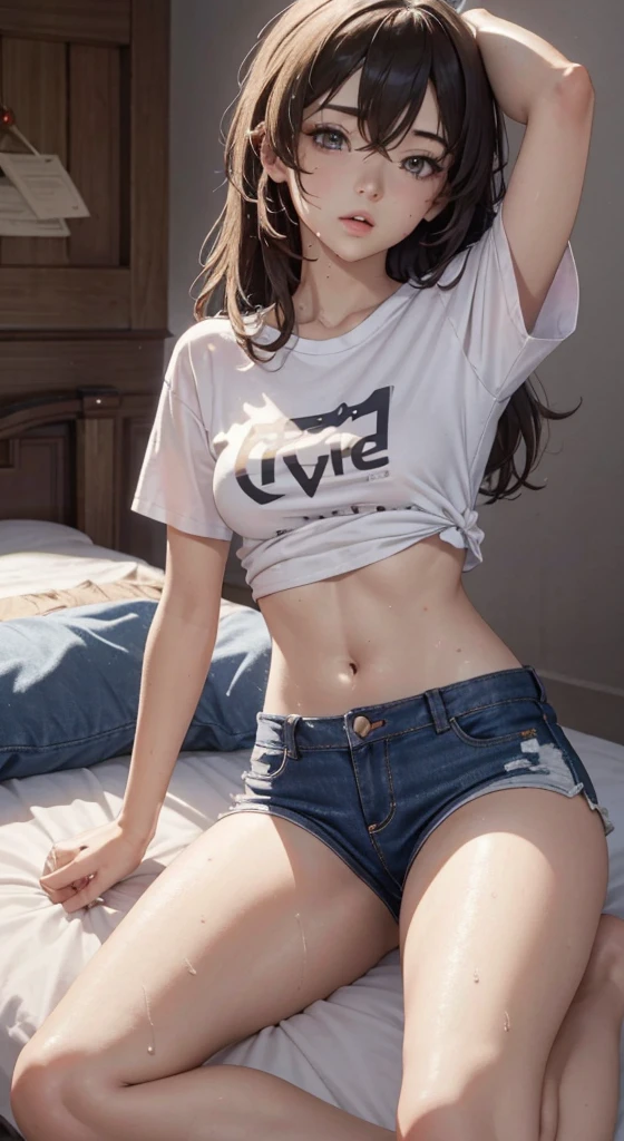 Sexy girl in &References;unreal graphics&References;, text on OK and tight denim skirt posing for photo, whole body, Paired with a short T-shirt, OK, , Slim, Smaller bust, slim girl model, Sweaty body, wet, 24-year-old female model, long hair, Sleeping in bed,Cross your legs，Cute facial expression，whole body, Paired with a short T-shirt, OK, Slim body, The bust is larger, Slim girl model, 11-year-old female model