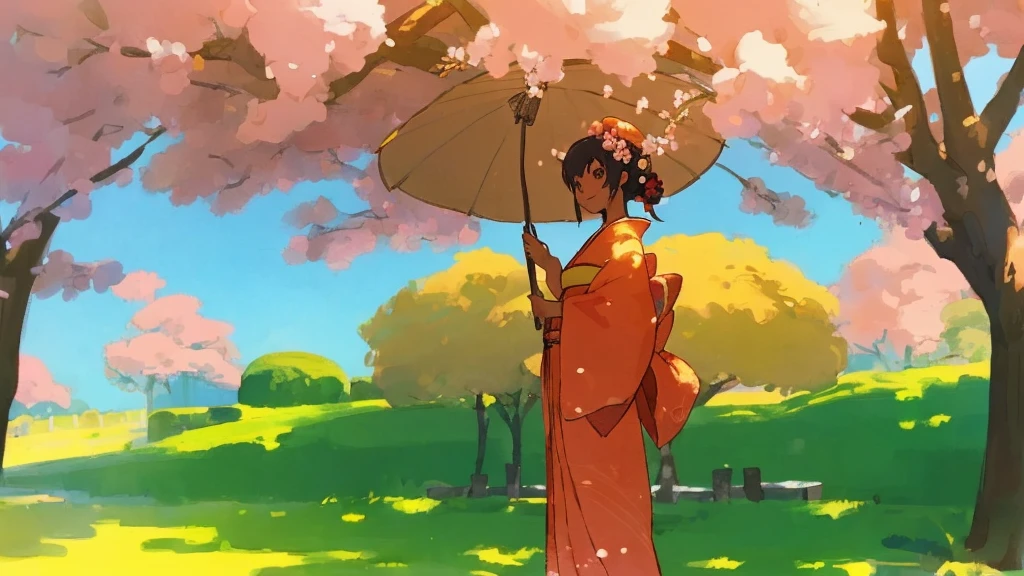 A flawless illustration, an anime-style illustration for Japanese music, a woman standing with a smile, a cherry blossom tree, a sunny sky