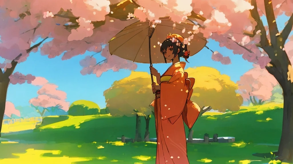 A flawless illustration, an anime-style illustration for Japanese music, a woman standing with a smile, a cherry blossom tree, a sunny sky