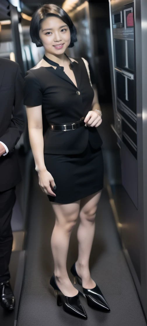 There is a woman wearing a black dress and black shoes on the train., black dress with belt, Wearing a black business suit, woman in black business suit, Wearing a black dress, Hands on hips, Her hands are placed on her hips, Hands on hipss, Woman in office dress, she is Wearing a black dress, photo 85mm, Wearing a black dress