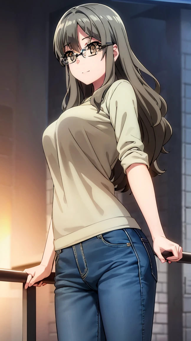 1 girl, alone,riofutaba, rio futaba, black-framed eyewear, (brown eyes:1.7), glasses, (grey hair:1.2), hair between eyes, over-rim eyewear, semi-rimless eyewear, long hair, sidelocks, smile, (pink blouse), white floral print, bare waist, tight blue jeans, outdoors, city, walking, from behind looking at viewer, pov(from below), masterpiece: 1.2), best Quality, high resolution, Unity 8k wallpaper, (artwork: 0.8), (beautiful detailed eyes: 1.6), extremely detailed face, perfect lighting, extremely detailed CG (perfect hands, perfect anatomy), large breasts, medium waist. , wide hips, medium thighs, round butt