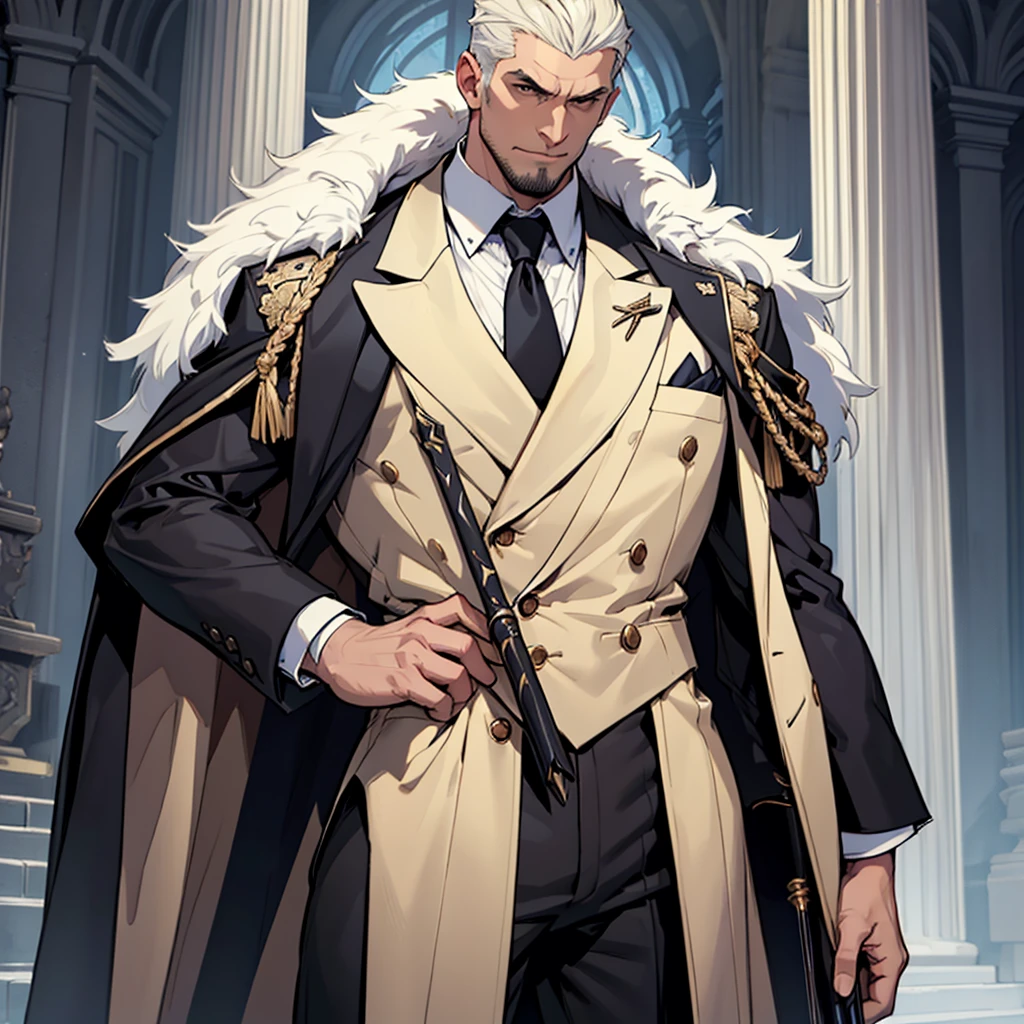 Big body, Man
1. Attire.
- The figure is wearing a white double-breasted suit with a dark tie and a vest underneath. The suit is adorned with several buttons, and the overall appearance is very sharp and formal.
- Over the suit, the figure has a large, dark fur-trimmed cape draped over the shoulders, adding a sense of grandeur and authority to the appearance.
- The figure's right arm is holding a cane or a staff, indicating a possible sense of authority or power.
2. Pose.
- The figure stands confidently with the left arm slightly bent and the hand resting on the hip, while the right arm holds the cane firmly.
- The posture is upright and commanding, suggesting confidence and control.
3. Face and Head.
- The head and face of the figure are not visible; they are shrouded in darkness or simply not drawn, which adds an element of mystery to the character.
4. Details.
- The fur trim on the cape is detailed and appears luxurious, indicating high status or wealth.
- The suit is well-fitted and meticulously designed, reinforcing the impression of a powerful and wealthy individual.
5. Body.
- Big body, a mobster Man
6. Place
- In the kingdom of darkness