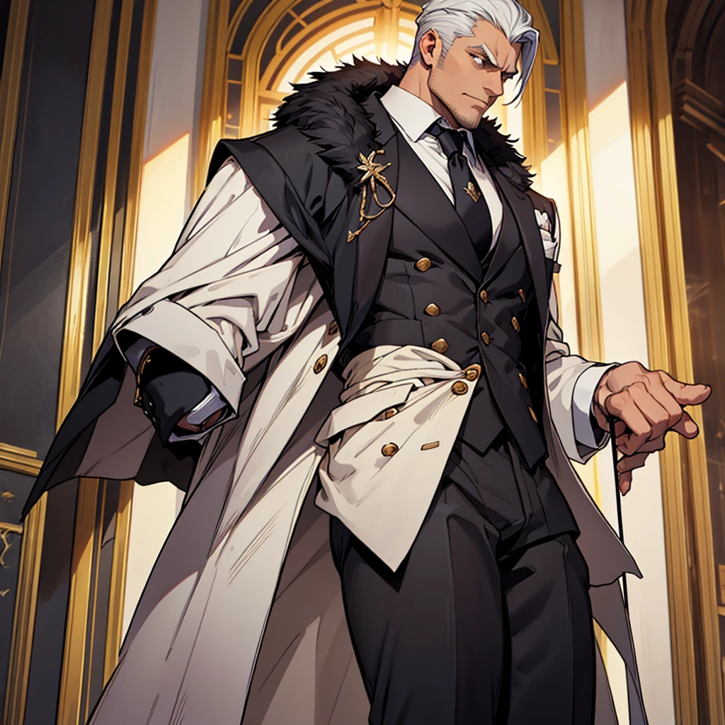Big body, Man

1. Attire.
   - The figure is wearing a white double-breasted suit with a dark tie and a vest underneath. The suit is adorned with several buttons, and the overall appearance is very sharp and formal.
   - Over the suit, the figure has a large, dark fur-trimmed cape draped over the shoulders, adding a sense of grandeur and authority to the appearance.
   - The figure's right arm is holding a cane or a staff, indicating a possible sense of authority or power.

2. Pose.
   - The figure stands confidently with the left arm slightly bent and the hand resting on the hip, while the right arm holds the cane firmly.
   - The posture is upright and commanding, suggesting confidence and control.

3. Face and Head.
   - The head and face of the figure are not visible; they are shrouded in darkness or simply not drawn, which adds an element of mystery to the character.

4. Details.
   - The fur trim on the cape is detailed and appears luxurious, indicating high status or wealth.
   - The suit is well-fitted and meticulously designed, reinforcing the impression of a powerful and wealthy individual.

5. Body.
   - Big body, a mobster Man

6. Place
   - In the kingdom of darkness 