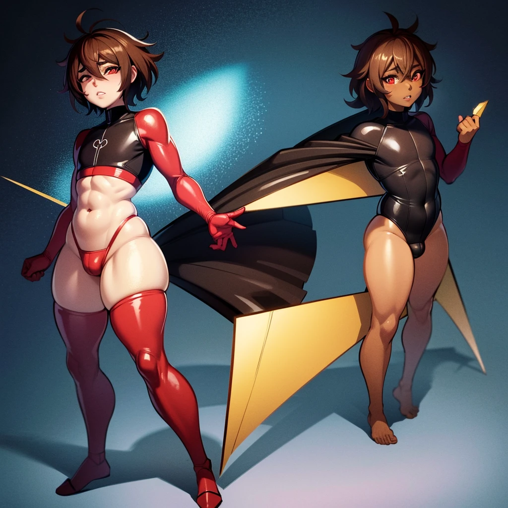anime boy, crossdresser, 1boy, medium dark brown hair, red eyes, brown skin, wide hips, narrow waist and thick thighs, flustered, brushing, standing in space, flat chest, full body suit, visible bulge, skin tight space green quantum space suit in outer space