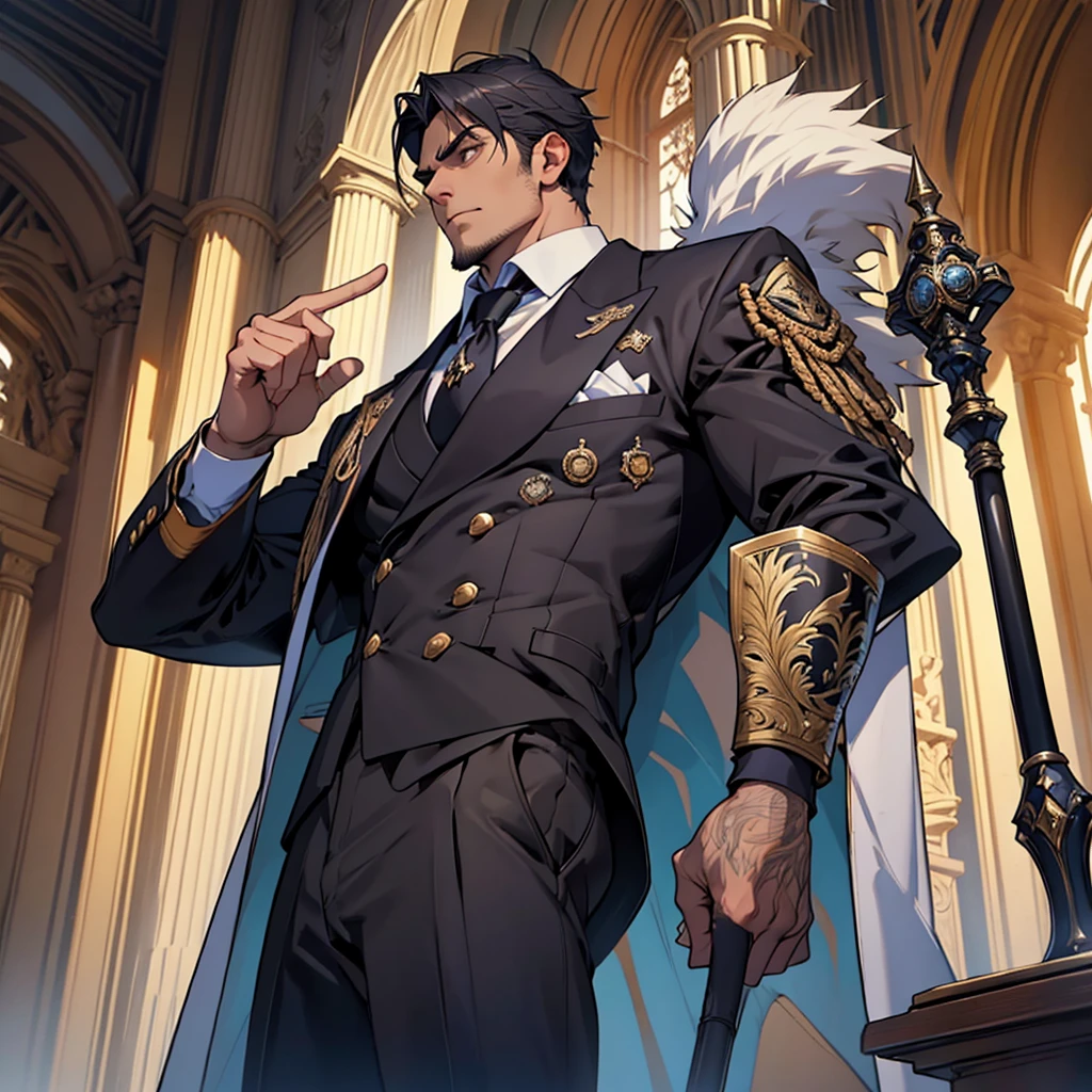 Big body, Man
1. Attire.
- The figure is wearing a white double-breasted suit with a dark tie and a vest underneath. The suit is adorned with several buttons, and the overall appearance is very sharp and formal.
- Over the suit, the figure has a large, dark fur-trimmed cape draped over the shoulders, adding a sense of grandeur and authority to the appearance.
- The figure's right arm is holding a cane or a staff, indicating a possible sense of authority or power.
2. Pose.
- The figure stands confidently with the left arm slightly bent and the hand resting on the hip, while the right arm holds the cane firmly.
- The posture is upright and commanding, suggesting confidence and control.
3. Face and Head.
- The head and face of the figure are not visible; they are shrouded in darkness or simply not drawn, which adds an element of mystery to the character.
4. Details.
- The fur trim on the cape is detailed and appears luxurious, indicating high status or wealth.
- The suit is well-fitted and meticulously designed, reinforcing the impression of a powerful and wealthy individual.
5. Body.
- Big body, a mobster Man
6. Place
- In the kingdom of darkness