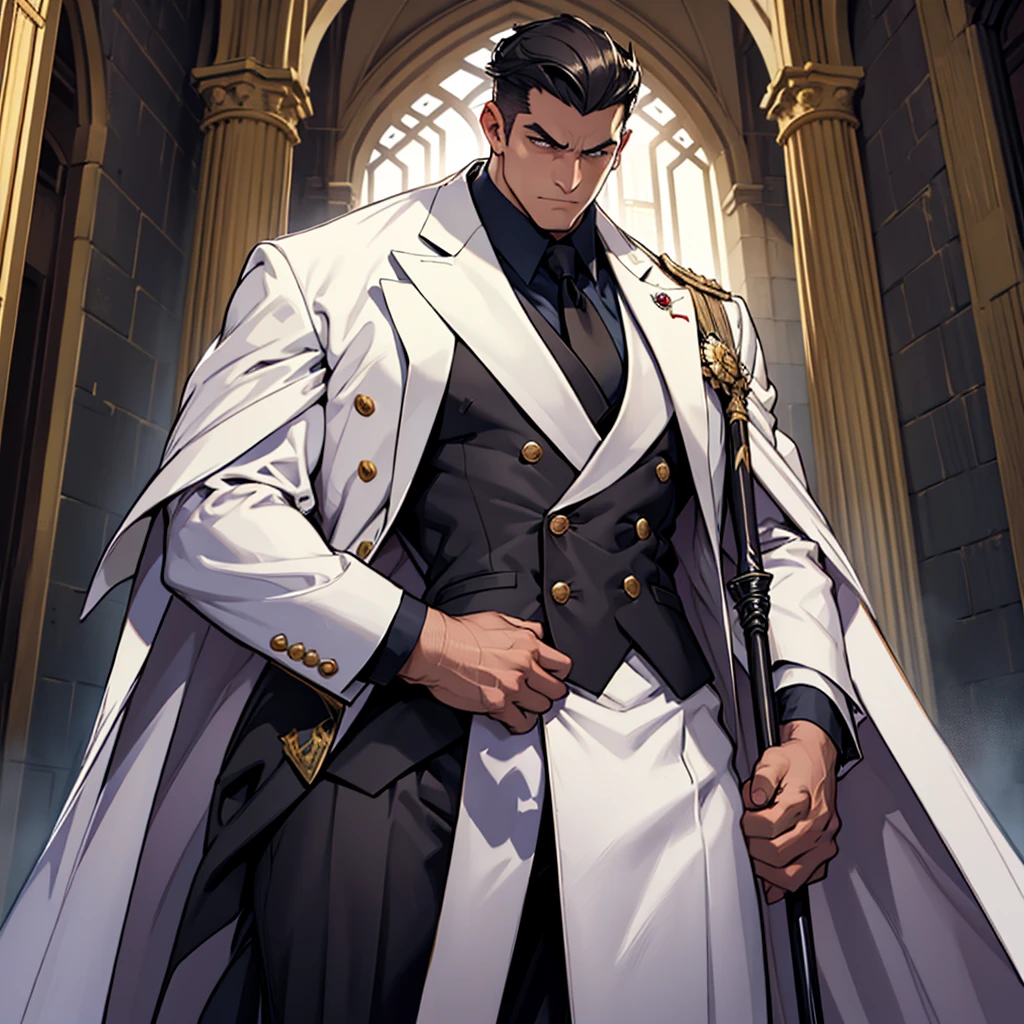 Big body, Man
1. Attire.
- The figure is wearing a white double-breasted suit with a dark tie and a vest underneath. The suit is adorned with several buttons, and the overall appearance is very sharp and formal.
- Over the suit, the figure has a large, dark fur-trimmed cape draped over the shoulders, adding a sense of grandeur and authority to the appearance.
- The figure's right arm is holding a cane or a staff, indicating a possible sense of authority or power.
2. Pose.
- The figure stands confidently with the left arm slightly bent and the hand resting on the hip, while the right arm holds the cane firmly.
- The posture is upright and commanding, suggesting confidence and control.
3. Face and Head.
- The head and face of the figure are not visible; they are shrouded in darkness or simply not drawn, which adds an element of mystery to the character.
4. Details.
- The fur trim on the cape is detailed and appears luxurious, indicating high status or wealth.
- The suit is well-fitted and meticulously designed, reinforcing the impression of a powerful and wealthy individual.
5. Body.
- Big body, a mobster Man
6. Place
- In the kingdom of darkness