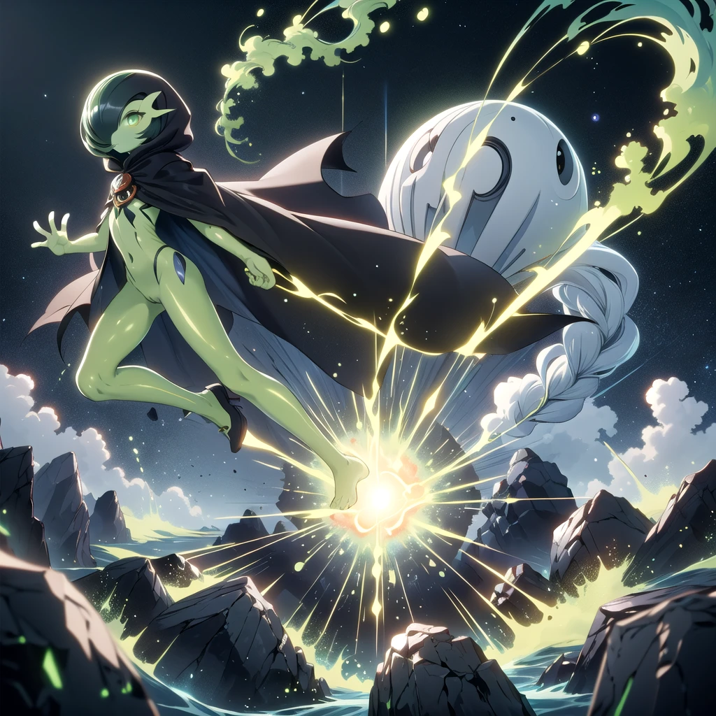AcidMagic , fantasy , cosmic aura, best quality, (Masterpiece) , simple background , full body , dynamic pose, (cosmic black hair), (cosmic blue skin) , ((solo)), ((black cloak)), hair over one eye, multicolored skin, pokemon \(creature\), green eyes, short hair, two-tone skin, (black cosmic skin) , cloudy sky, wide shot, glowing eyes, floating object, rocks, gardevoir, ((Long hair)),