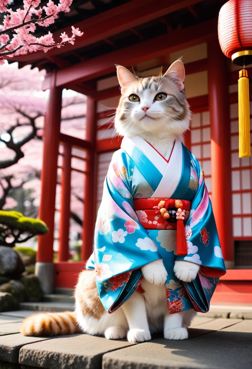Beautiful 8K Ultra HD professional photos, Sharp focus, In a wonderful fantasy world, Noble cat,Japanese Style、Japanese style、kimono、shrine、A joyful smile, In a solemn atmosphere、Anthropomorphic cat