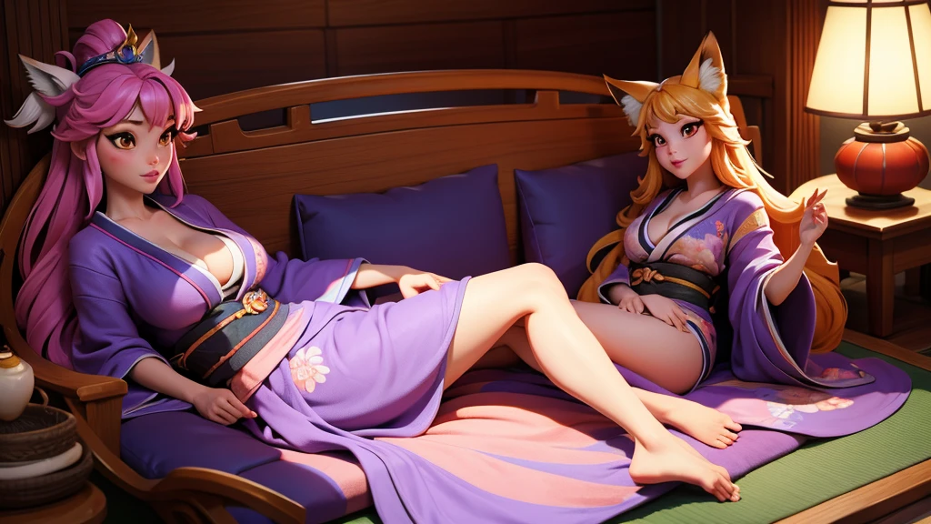 Look away。Turn away。Cool Beauty Fox Princess。Relax in a reclining chair with your legs stretched out。kimono。Big Breasts