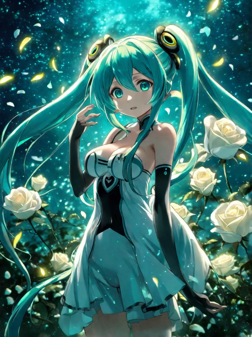 face focus, masterpiece, best quality, 1girl, hatsune miku, white roses, petals, night background, fireflies, light particle, solo, aqua hair with twin tails, aqua eyes, standing, pixiv, depth of field, cinematic composition, best lighting, looking up, symbiote, big breasts