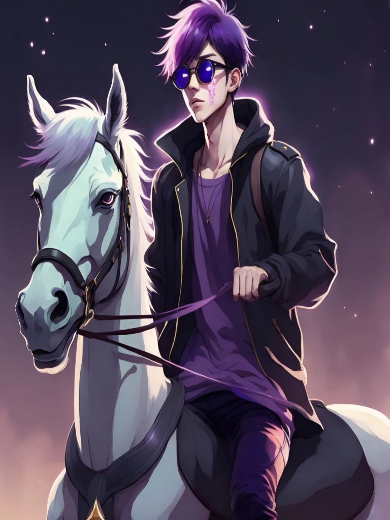 (anime man purple hair punk) (purple round glasses color crystal) (riding pure white magical unicorn horse )