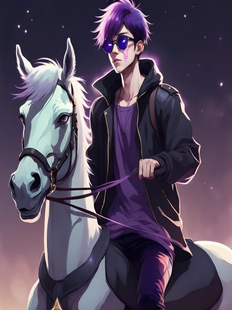 (anime man purple hair punk) (purple round glasses color crystal) (riding pure white magical unicorn horse )
