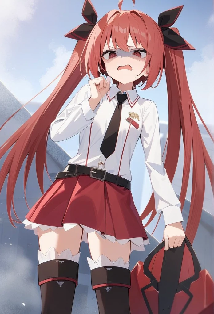 Itsuka kotori, masterpiece, best quality, very aesthetic, absurdres, newest,1girl,upper body, from below, (contempt, disgust,shaded face,looking at viewer,frown), white shirt, black tie, red skirt with black lines.