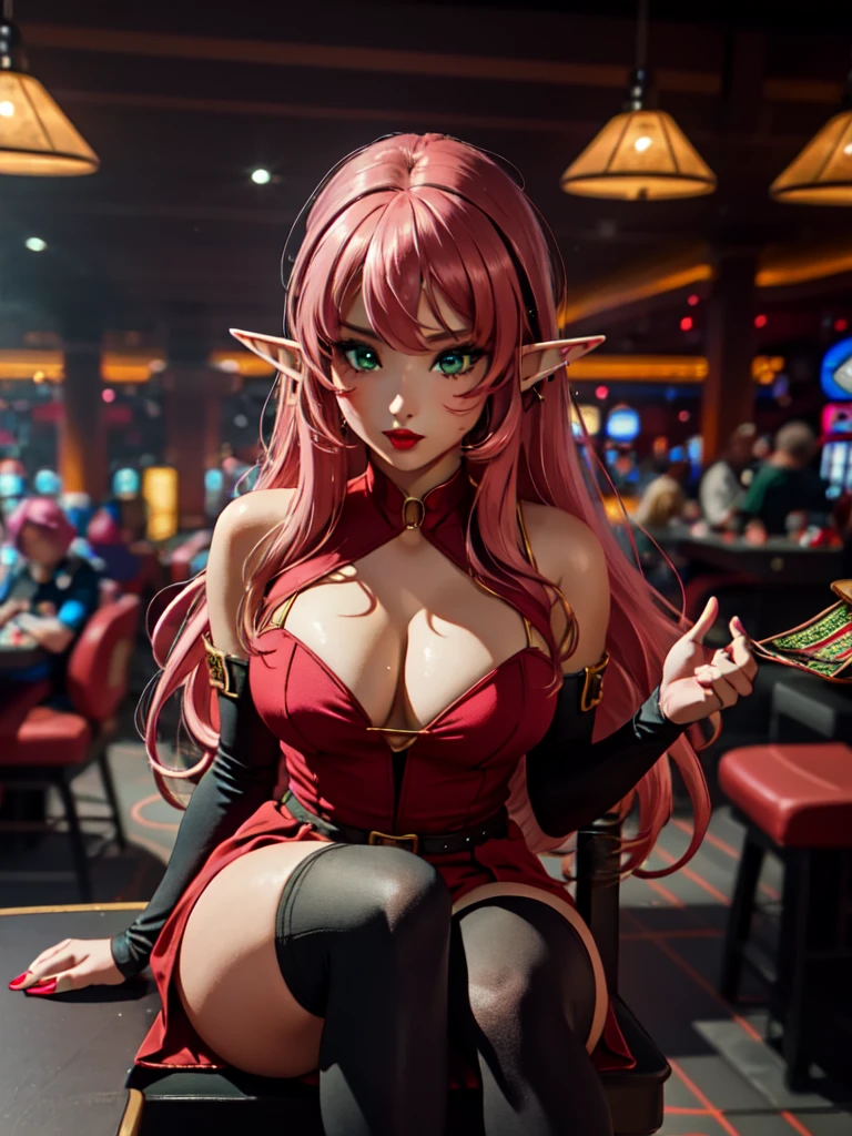 best quality, 32k uhd, insane details, ultra detailed, Masterpiece, a elf girl playing a poker game in a casino, full bodyesbian, sit on chair, detailed green eyes, beautiful eyes, one elf girl, full red lips, bare shoulders, large breasts, exposed cleavage, pink hair, straight hair, beautiful red dress, she wear black high heel, 