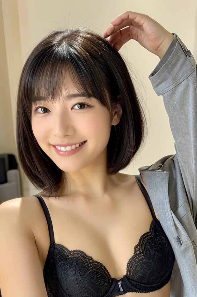 (masterpiece:1.3), (8k, Realistic, RAW Photos, Best image quality: 1.4), Japanese 、(Random Hairstyles:1.2)、Turn your back、Turn your face to the side、Highly detailed face、Attention to detail、double eyelid、Sharp focus:1.2、Beautiful woman:1.4、Light brown hair、highest quality、masterpiece、超A high resolution、(Realistic:1.4)、Highly detailed and professionally lit smiles、Loose, thin、Serious expression、Short-haired、Deadly position、Black bra、Black lace underwear、whole body