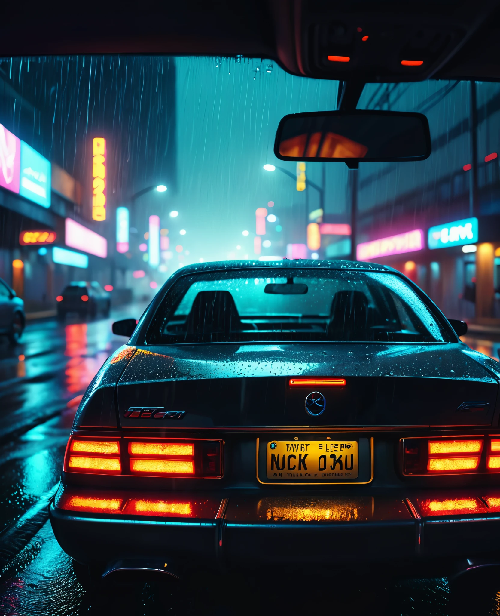 a night in the rain on a highway, view from the driver's seat, car taillights, car back view, cinematic, moody lighting, dramatic atmosphere, neon lights, dystopian, neon city, cyberpunk, realistic, photorealistic, 8k, hyper detailed, masterpiece, studio lighting, cinematic composition, dramatic color palette, cinematic depth of field, volumetric fog, rainy windshield, glowing headlights, long exposure, beautiful detailed eyes, beautiful detailed lips, extremely detailed eyes and face, long eyelashes
