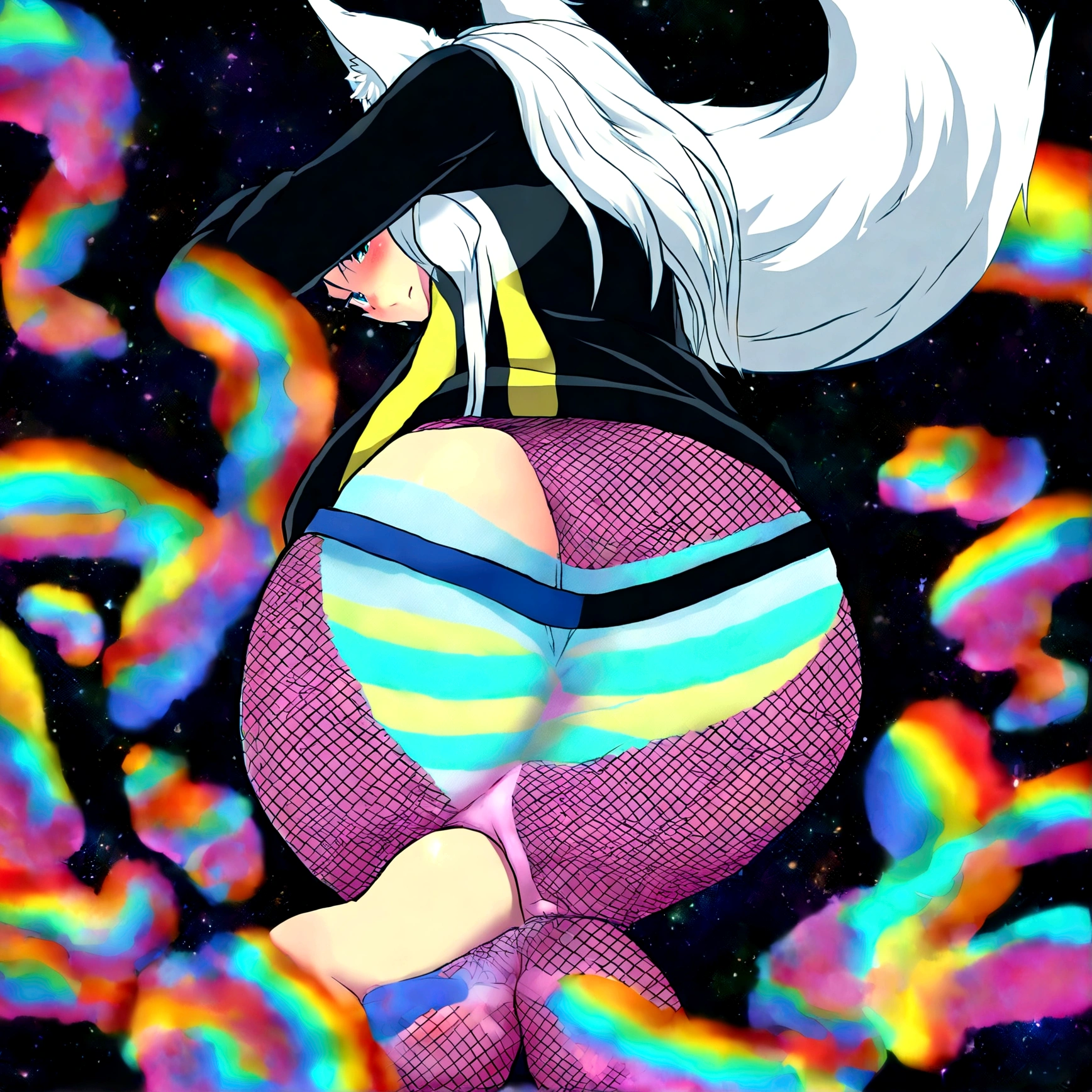 a cute adult male with wolf ears, long white hair, long locks, has a wolf tail, wearing a loose cropped oversized black hoodie, wearing a pair of denim short shorts and fishnet stockings, thick thighs, wide hips, relaxing on mound of fluffy multi colored kawaii plushies, short, very slim, showing slender tummy, stretching out, heart on hoodie, squishy thighs, has glowing blue eyes. alone, solo (ALONE)(SOLO), surrounded by rainbows, colorful galaxy backround, turned around, shot from the back, big juicy butt, has a wedgie